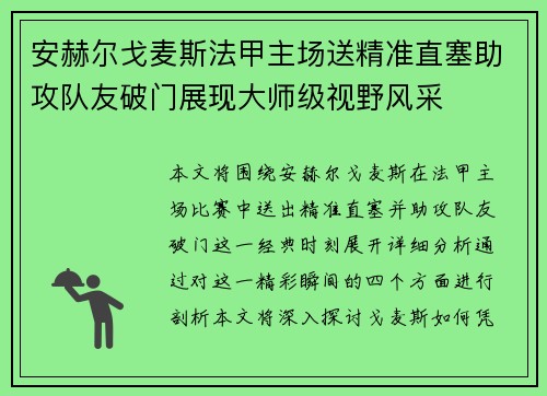 安赫尔戈麦斯法甲主场送精准直塞助攻队友破门展现大师级视野风采 安赫尔戈麦斯法甲主场送精准直塞助攻队友破门展现大师级视野风采